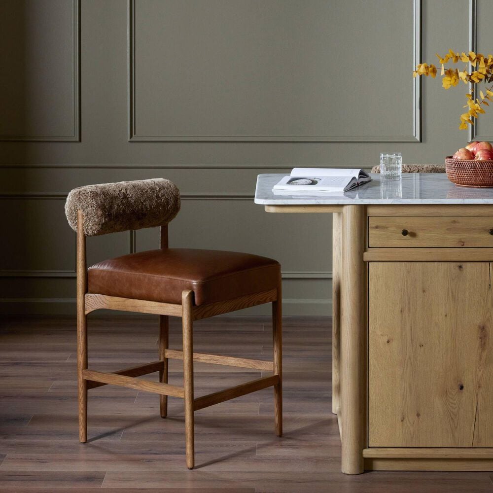 Four Hands Jazelle Counter Stool with Taupe Shearling Upholstery in Tan Oak, , large