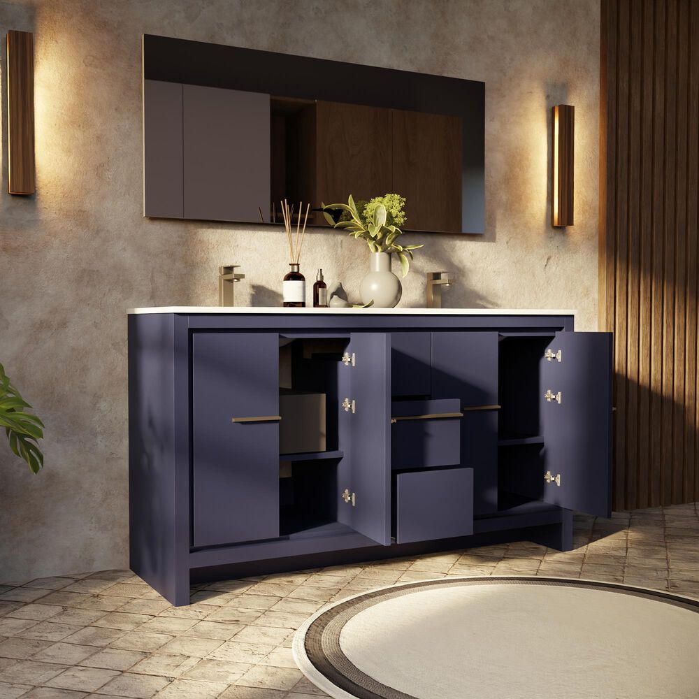 Lexora Home Lafarre 60" Double Bathroom Vanity in Navy Blue with 2 cm White Quartz Top and Rectangular Sinks, , large