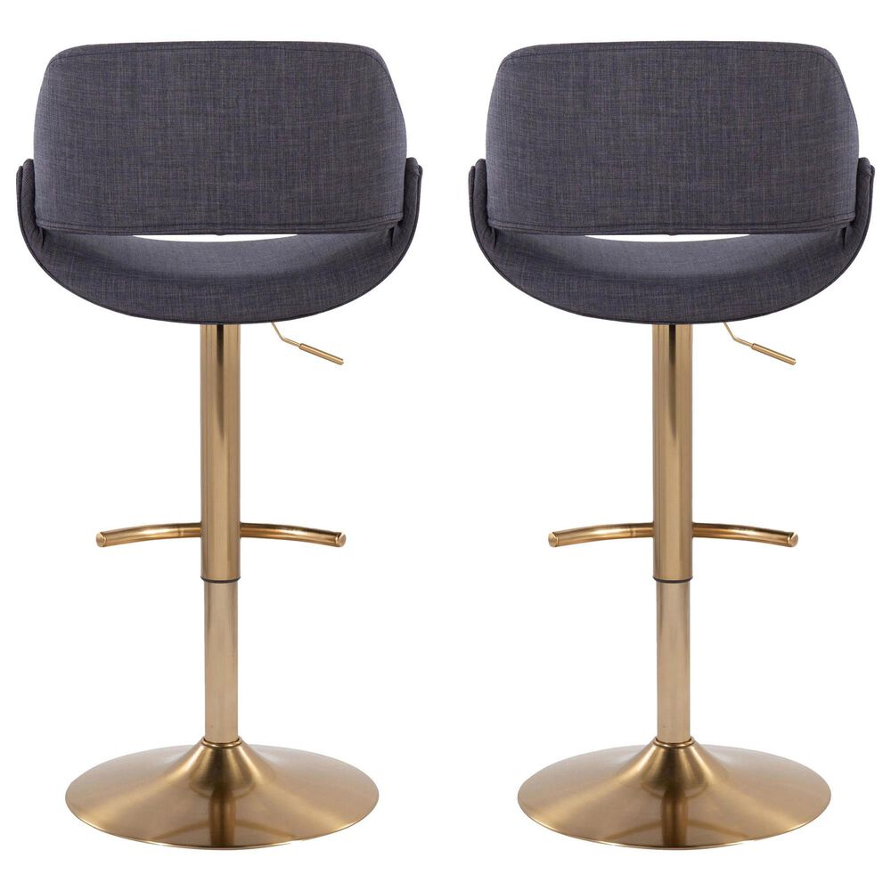 LumiSource Fabrico Swivel Adjustable Bar Stool with Charcoal Noise Fabric Upholstery and Rounded T Footrest in Gold (Set of 2), , large