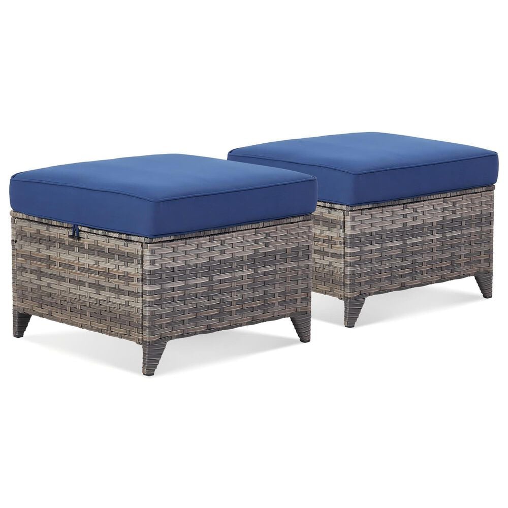 Sunwell Garden 13.7" Ottoman with Navy Cushion in Grey (Set of 2), , large