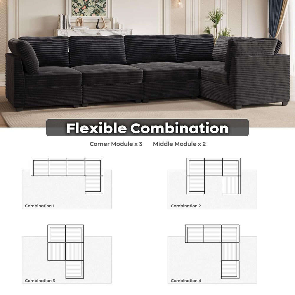 Noviland HOMLUX 5-Piece Mod Sectional with Chaise in Black, , large