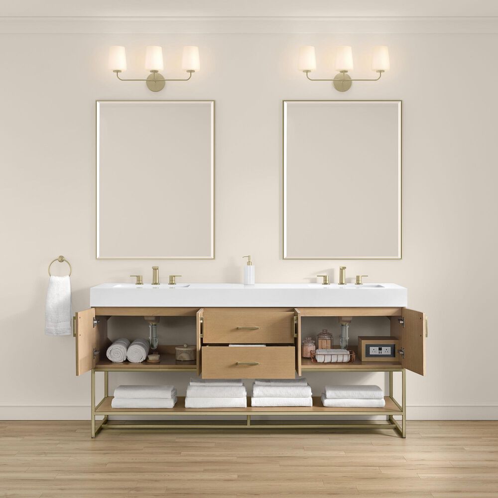 37B Mauri 72" Double Bathroom Vanity with Metal Base in Warm Oak with High-Profile 4" White Composite Stone Top, , large