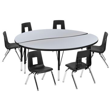 Flash Furniture Emmy 8-Piece 60" Circle Wave Activity Table Set with 14" Student Stack Chairs in Gray, Black and Chrome, , large