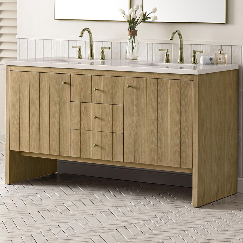 James Martin Vanities Hudson 60&quot; Double Bathroom Vanity in Light Natural Oak with 3 cm Eternal Marfil Quartz Top and Rectangular Sinks, , large