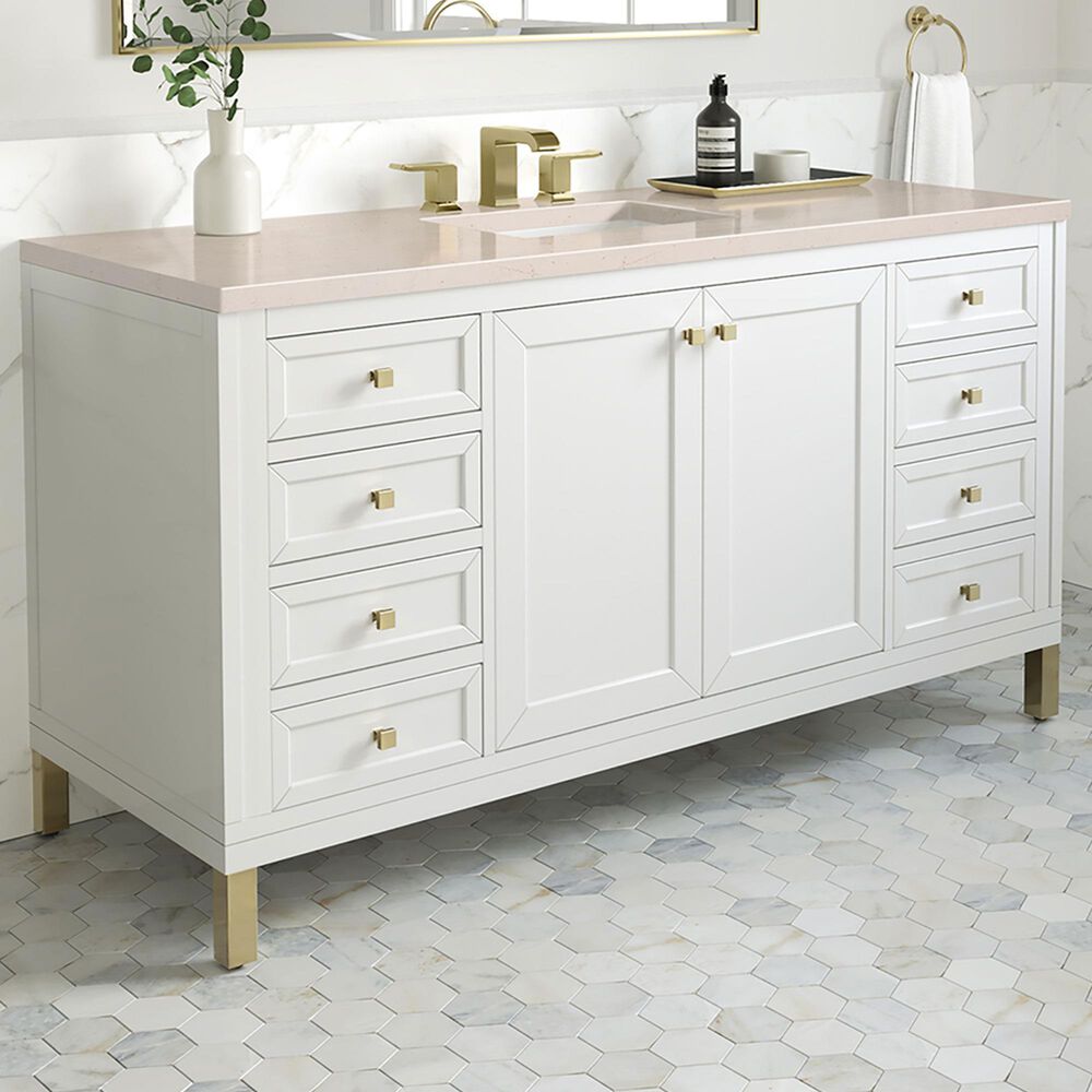 James Martin Vanities Chicago 60&quot; Single Bathroom Vanity in Glossy White with 3 cm Eternal Marfil Quartz Top and Rectangular Sink, , large