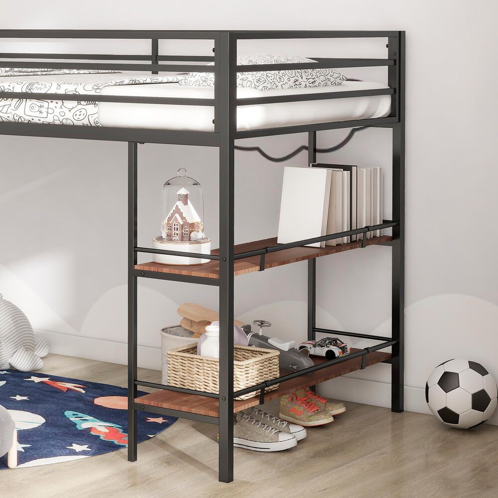Hearth and Haven Adam Twin Loft Bunk Bed with Cinnamon Wood Shelf in Black, , large