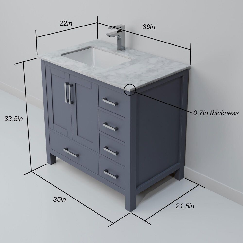 Lexora Home Jacques 36" Left Offset Single Bathroom Vanity in Dark Grey with 2 cm White Carrara Marble Top and Rectangular Sink, , large