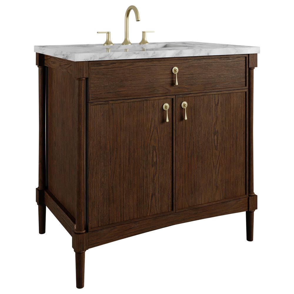James Martin Kinnsden 36" Single Bathroom Vanity in Sable Oak with 3 cm Carrara Marble Top and Rectangular Sink, , large
