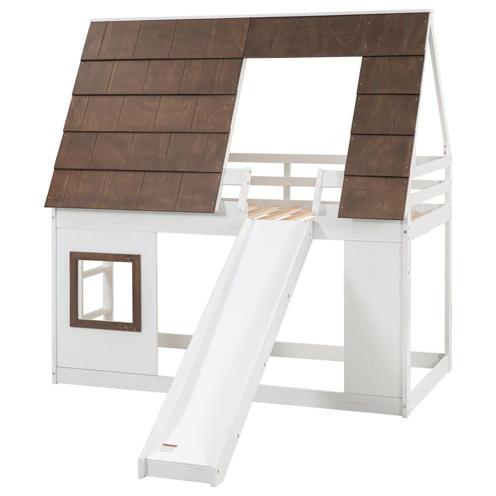 Hearth and Haven Twin over Twin House Bunk Bed with Roof in White and Brown, , large