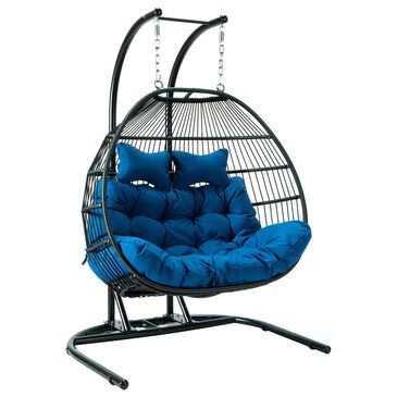 Leisuremod Patio 2-Seat Double Folding Hanging Egg Swing Chair with Blue Cushion in Black, , large