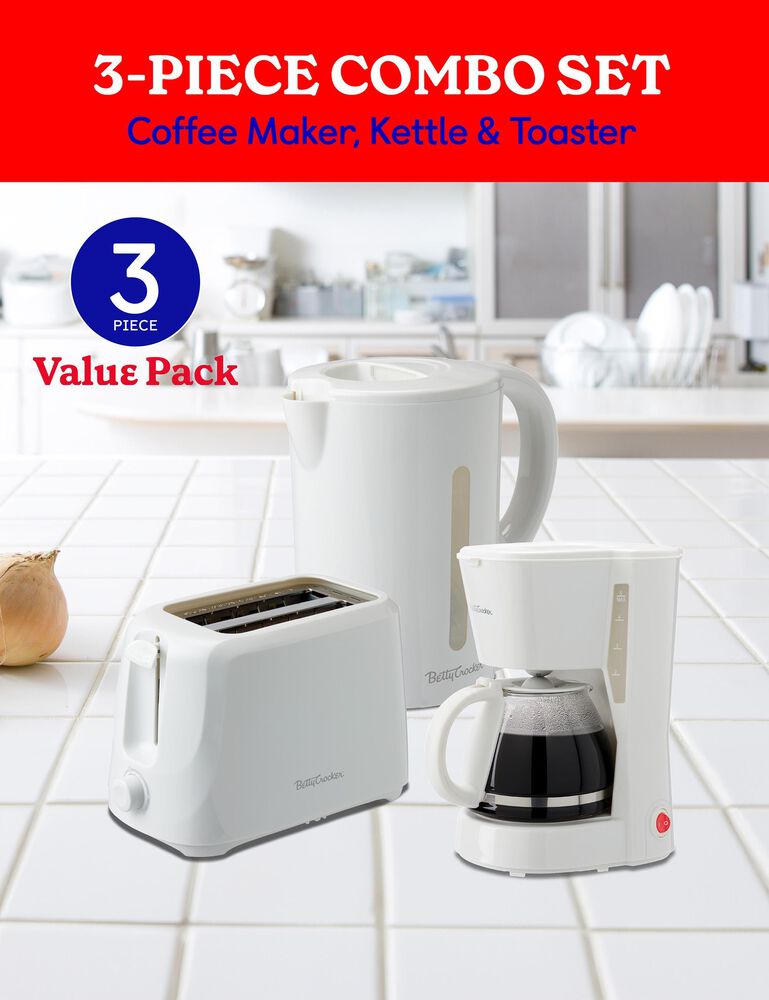 Betty Crocker 3-Piece Kitchen Appliances Set with 5-Cup Automatic Drip Coffee Maker, 1.7L Electric Kettle & 2-Slice Toaster, and STRIX Technology Kettle in White, , large