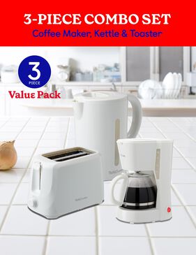 Betty Crocker 3-Piece Kitchen Appliances Set with 5-Cup Automatic Drip Coffee Maker, 1.7L Electric Kettle & 2-Slice Toaster, and STRIX Technology Kettle in White, , large