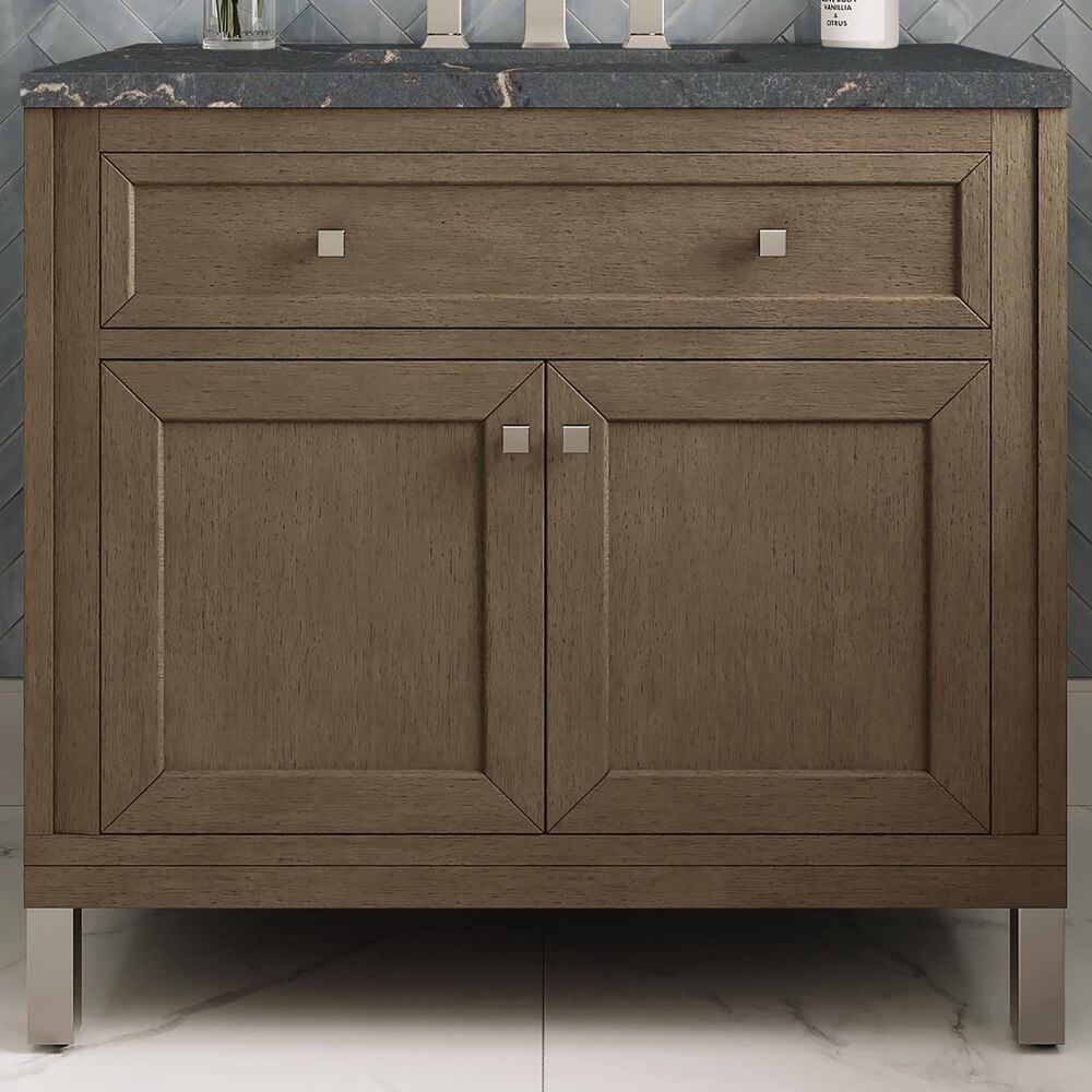 James Martin Vanities Chicago 36&quot; Single Bathroom Vanity in Whitewashed Walnut with 3 cm Parisien Bleu Quartz Top and Rectangular Sink, , large