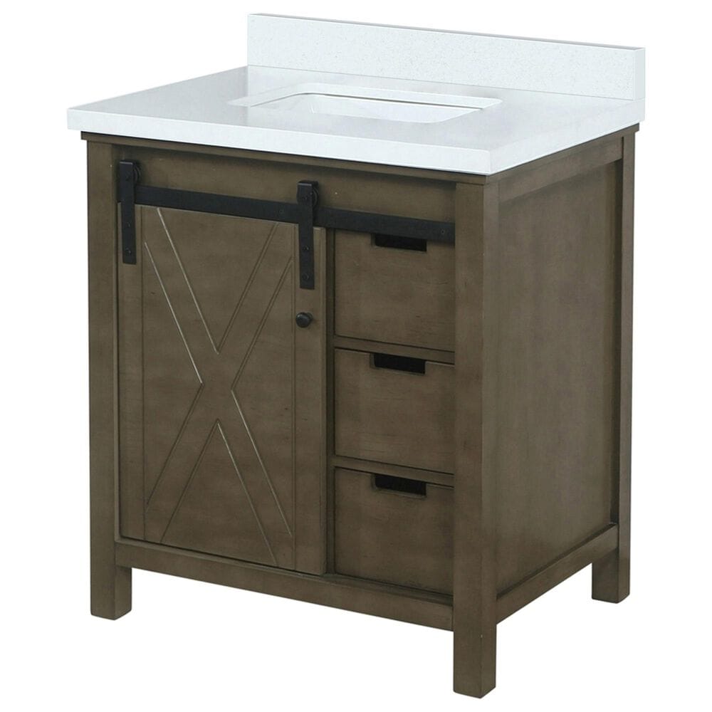 Lexora Home Marsyas 30" Single Bathroom Vanity in Rustic Brown with 2 cm White Cultured Marble Top and Rectangular Sink, , large