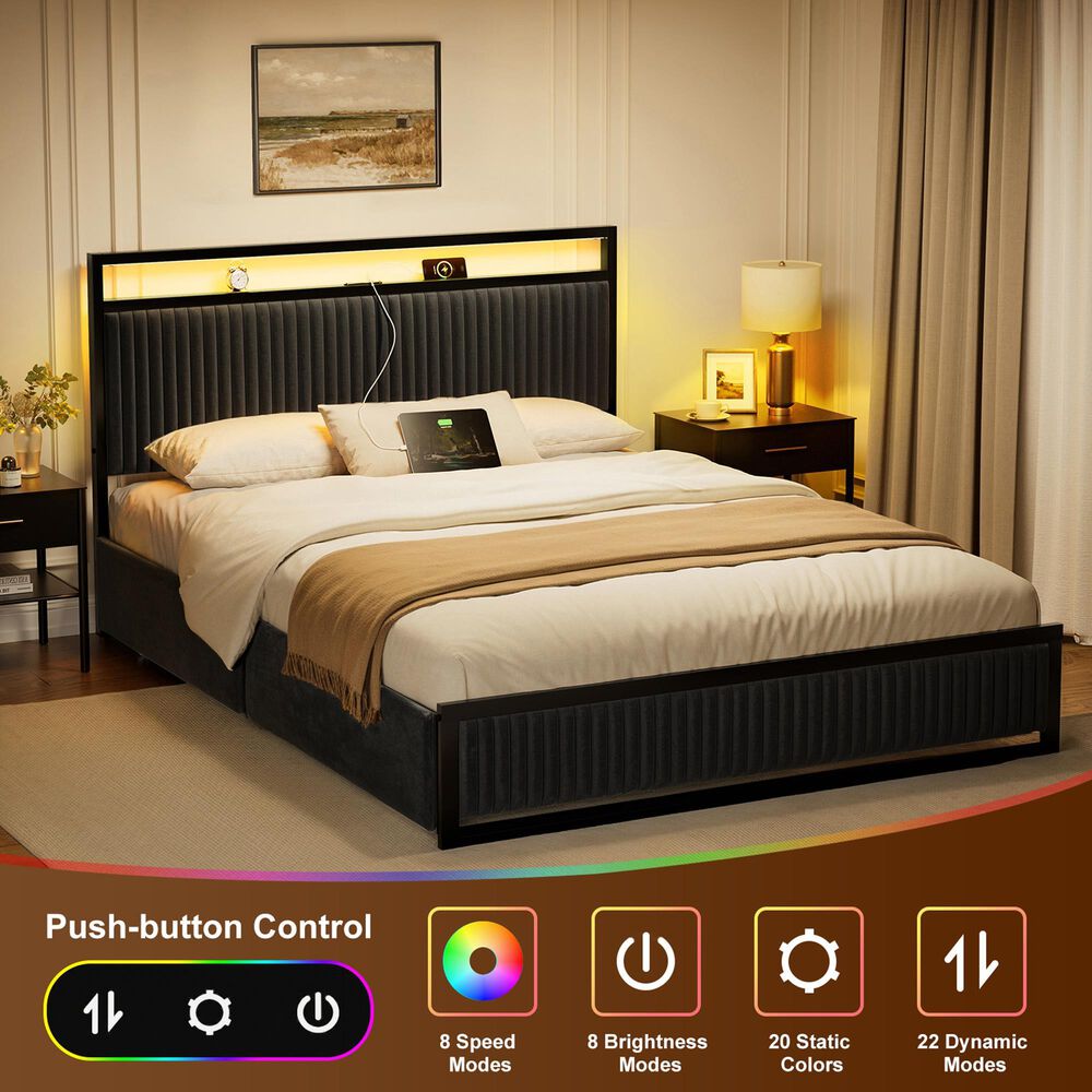 HOMLUX Full Upholstered Platform Storage Bed Frame in Black, , large