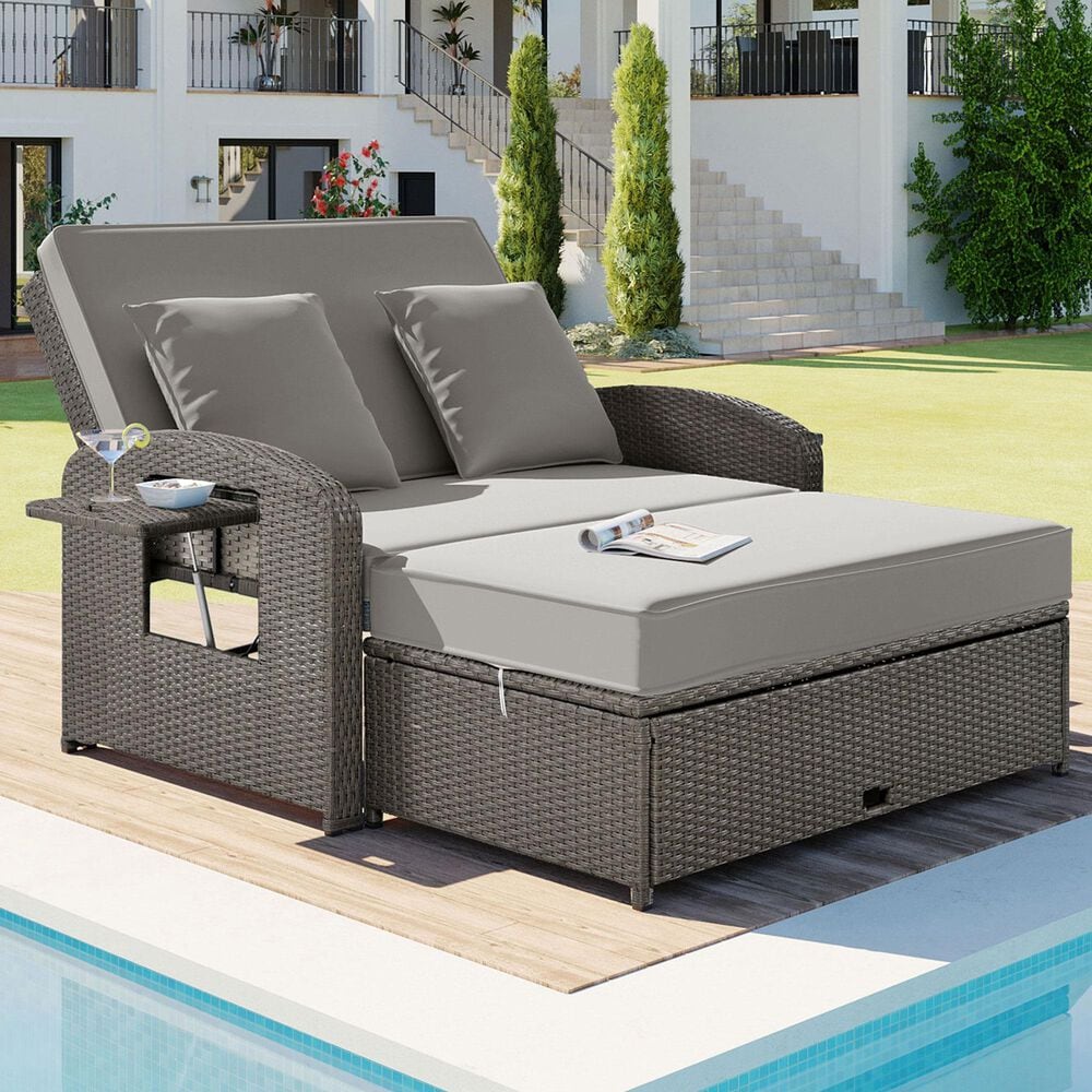 HOMLUX Wicker Rattan Double Chaise Lounge in Grey, , large