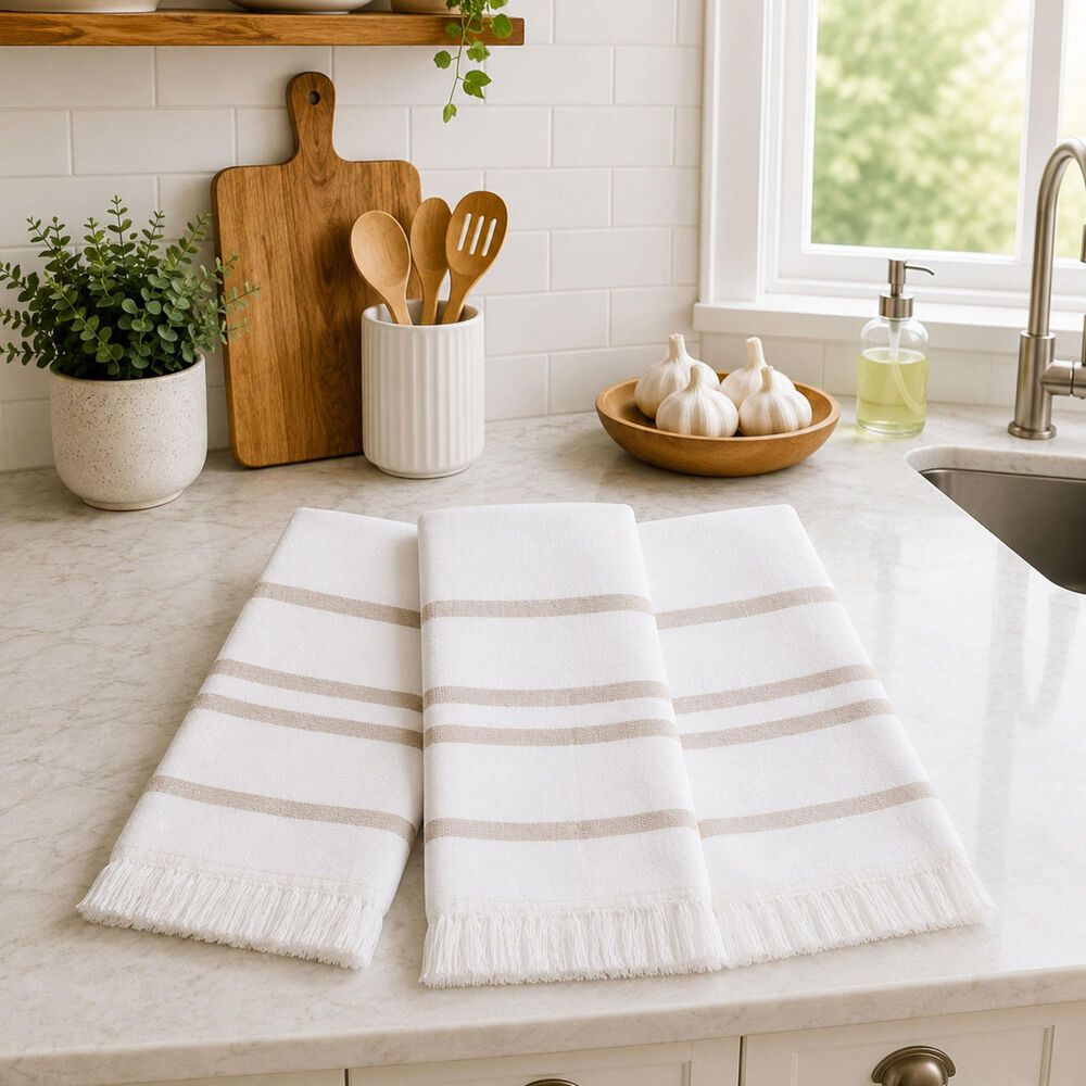 Willow &amp; Hem Nantucket Turkish Cotton Kitchen Towel in White and Beige (Set of 3), , large