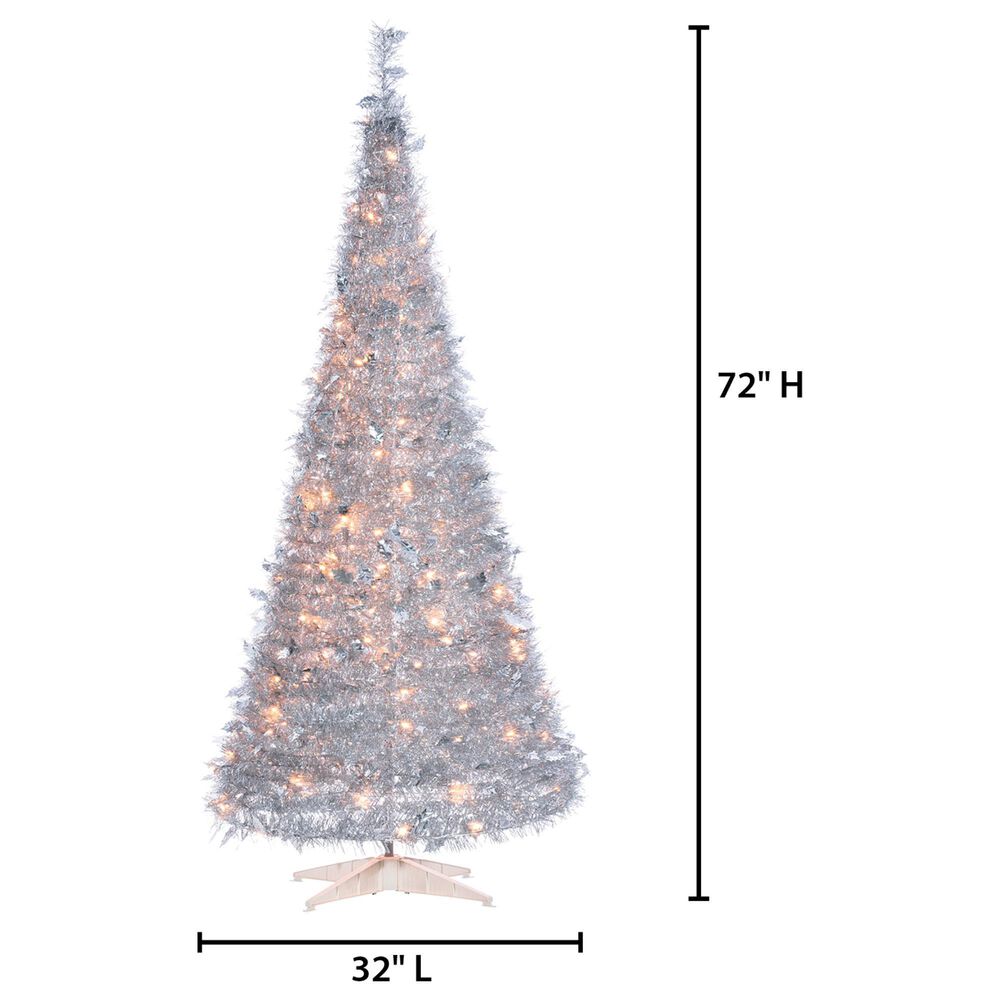 The Gerson Company 6&#39; Pop-Up LED Silver Tinsel Tree with Holly Leaves in Silver, , large