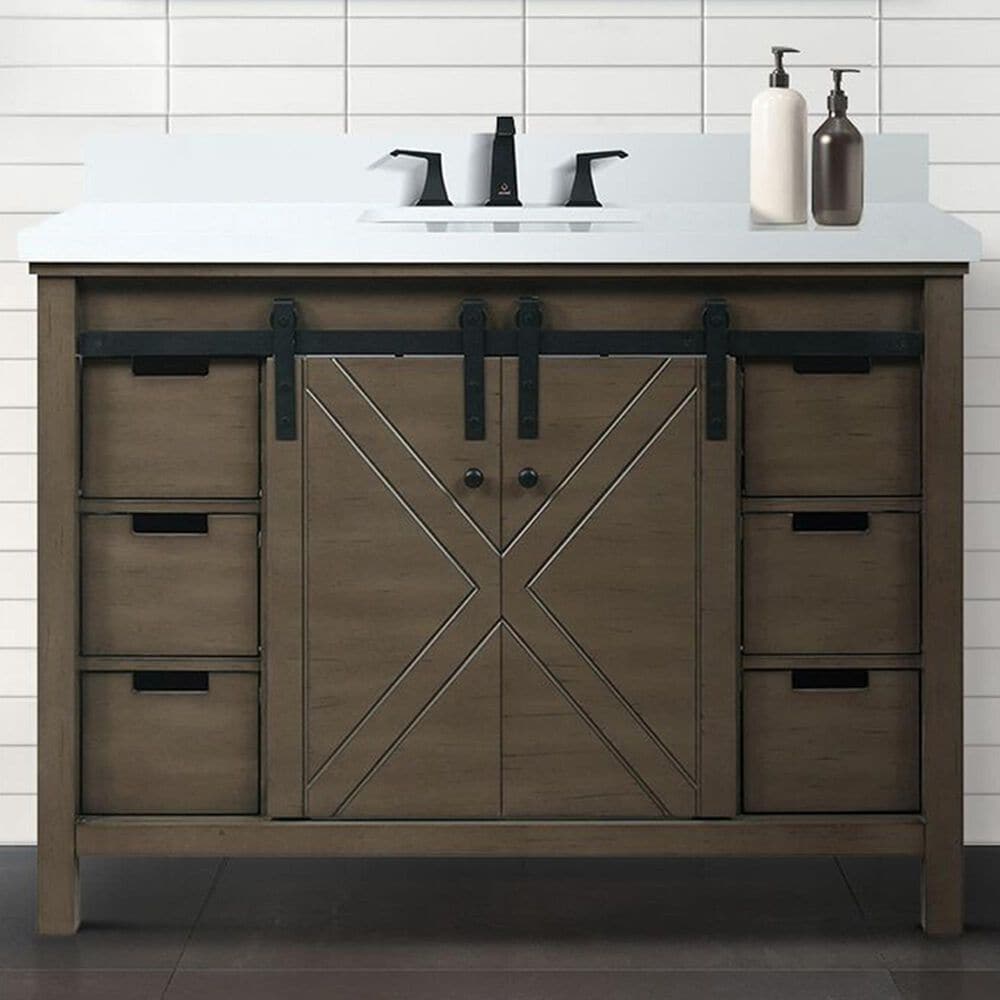 Lexora Home Marsyas 48&quot; Single Bathroom Vanity in Rustic Brown with White Quartz Top and Rectangular Sink, , large