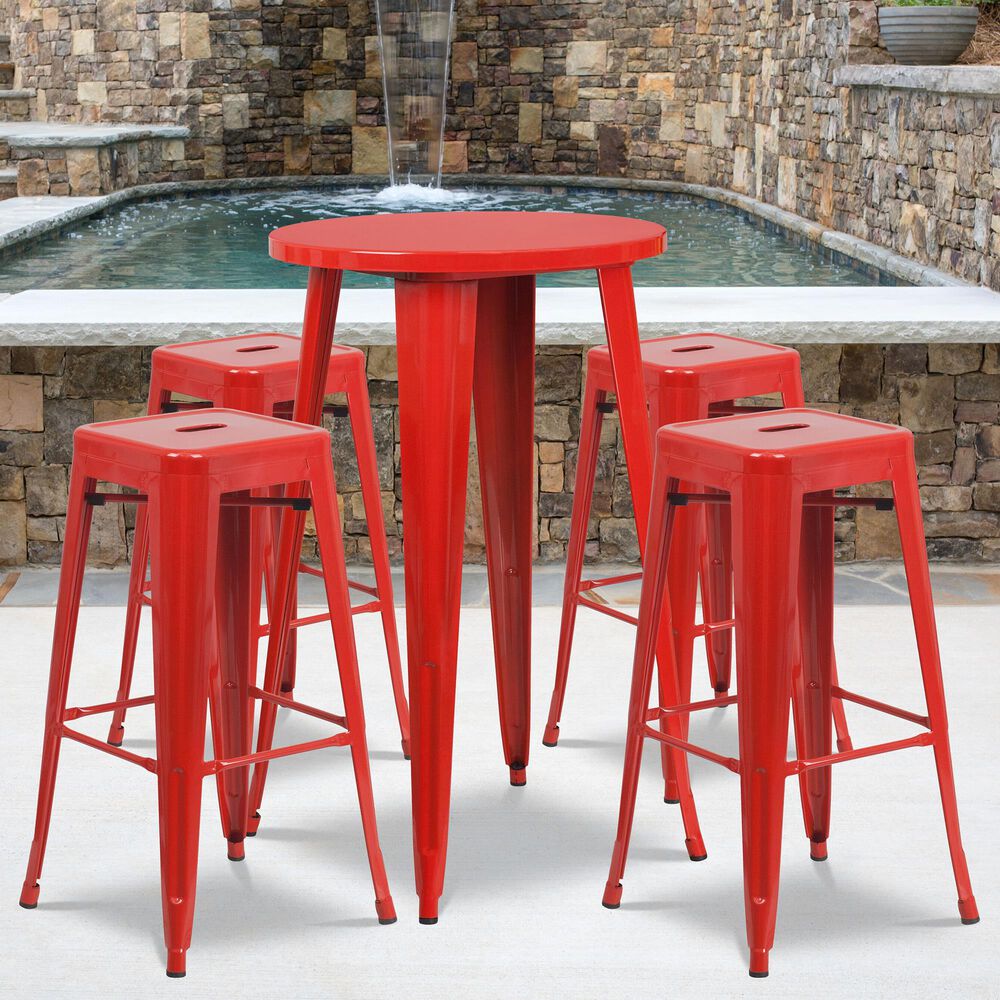 Flash Furniture 5-Piece Metal Bar Table Set in Red, , large