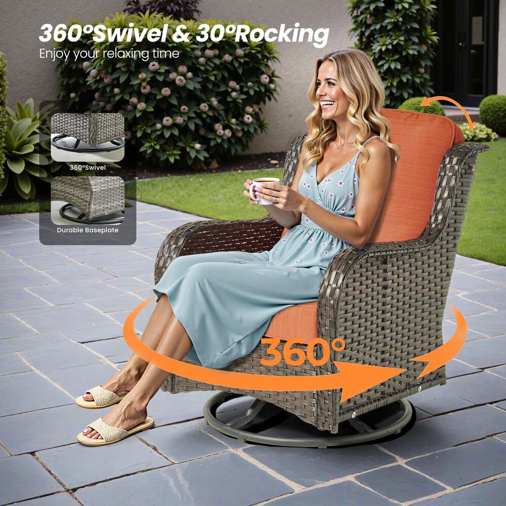 HOMLUX 3-Piece Patio Conversation Set with Curved-Arm Swivel Rocking Chairs and Brown Wicker in Orange, , large