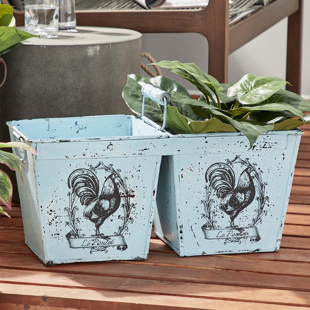Maple and Jade 11&quot; Vintage Metal Planter in Light Blue, , large