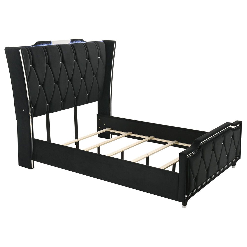 Pacific Landing Lorient Queen Upholstered Wingback Bed in Black with LED Lights, , large