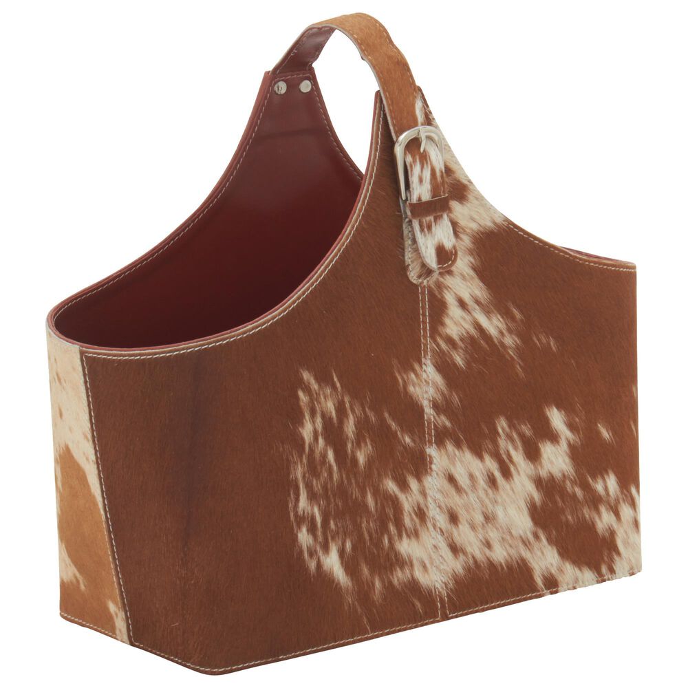 Maple and Jade Cow Hide Styled Magazine Holder in Brown, , large