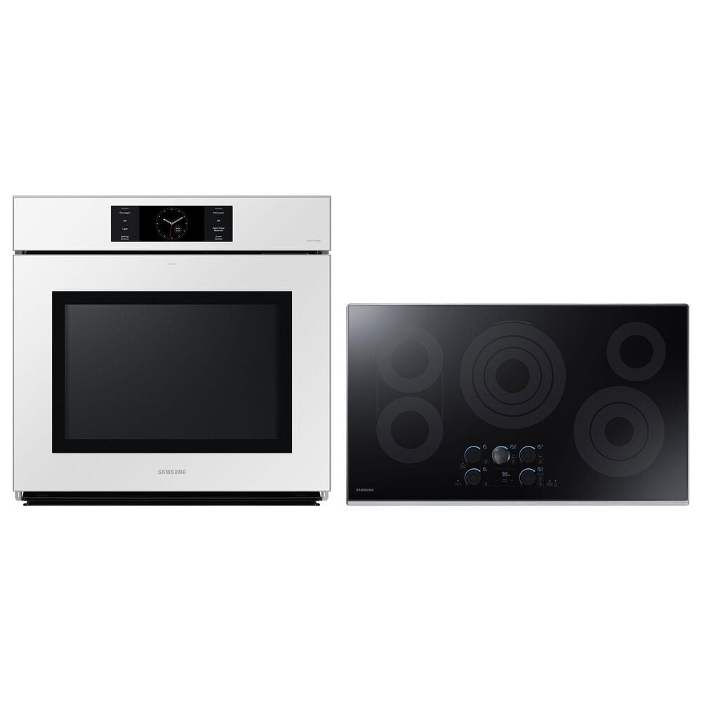 Samsung Bespoke 30" Single Electric Wall Oven with Convection in White Glass & 36" Electric Cooktop in Stainless Steel, , large