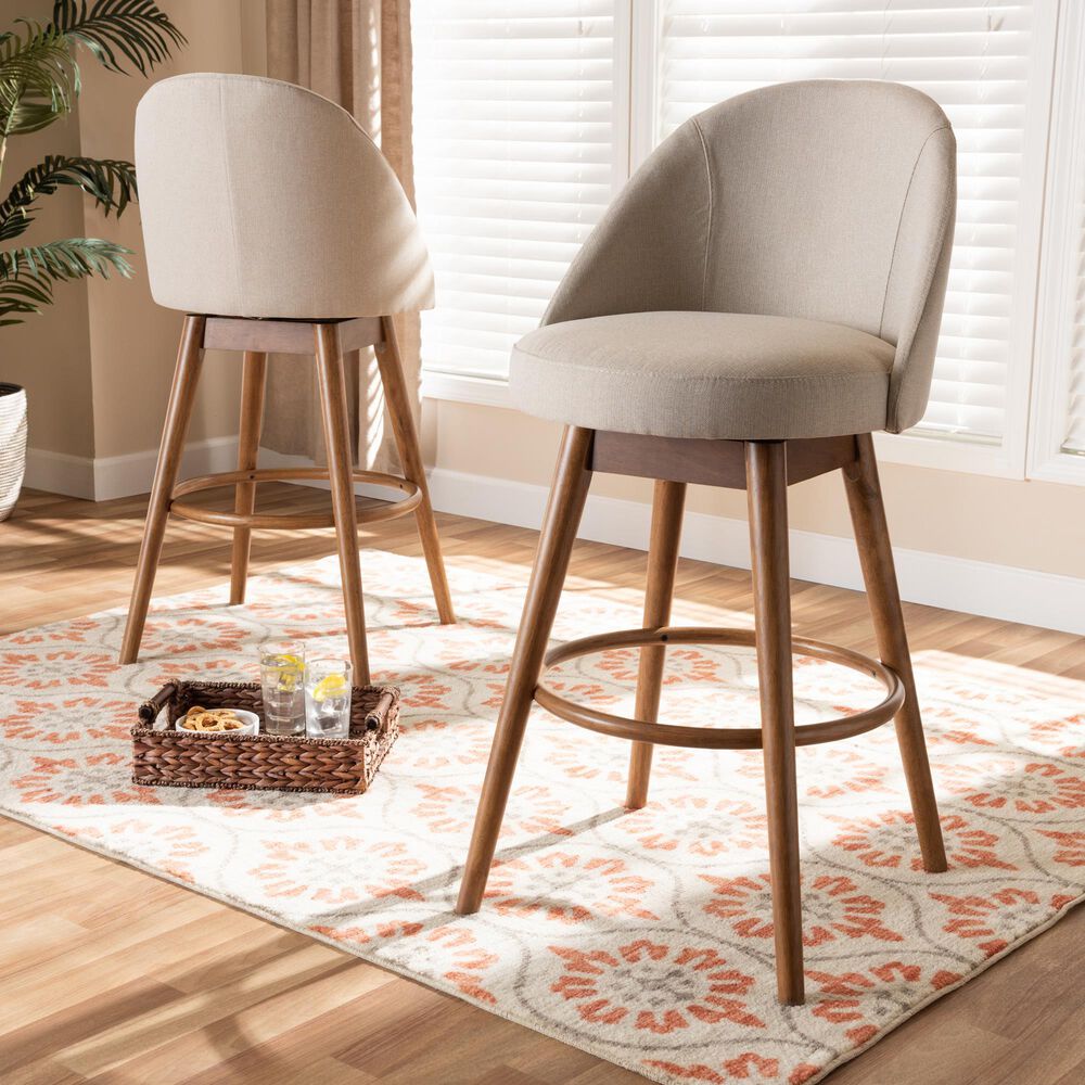 Baxton Studio Carra Swivel Bar Stool with Light Beige Cushion in Walnut (Set of 2), , large