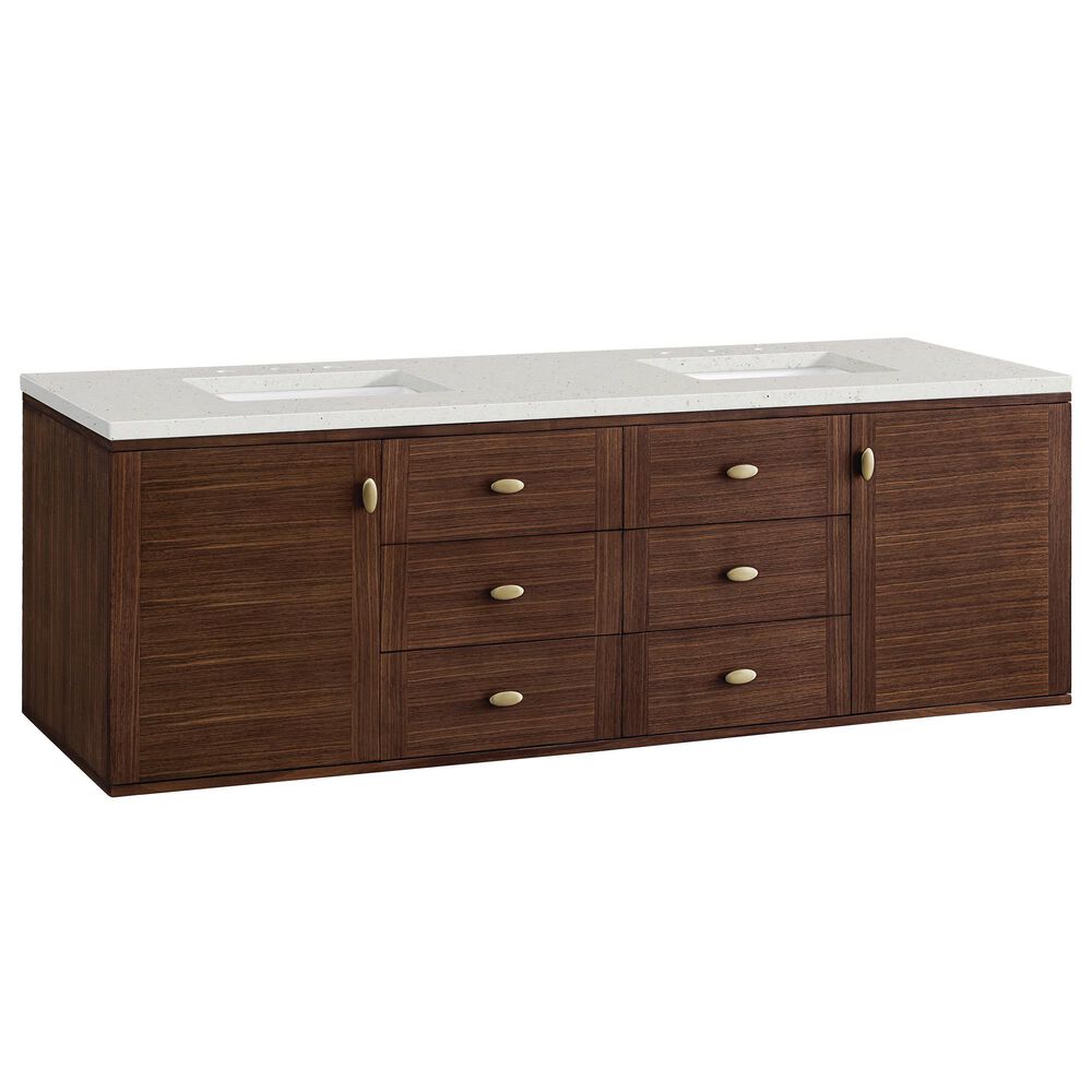 James Martin Vanities Amberly 72&quot; Double Bathroom Vanity in Mid-Century Walnut with Single Hole 3 cm White Zeus Quartz Top and Rectangular Sinks, , large