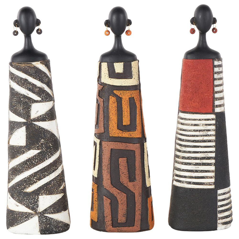 Maple and Jade African Woman Decorative Sculpture with Red, Orange, and White Dresswear in  Black Set of 3, , large