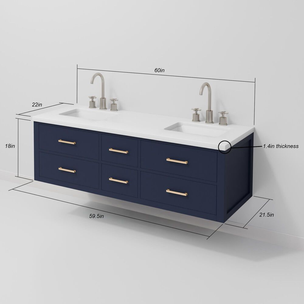 Lexora Home Castor 60" Double Bathroom Vanity in Blue with 2 cm White Quartz Top and Rectangular Sinks, , large