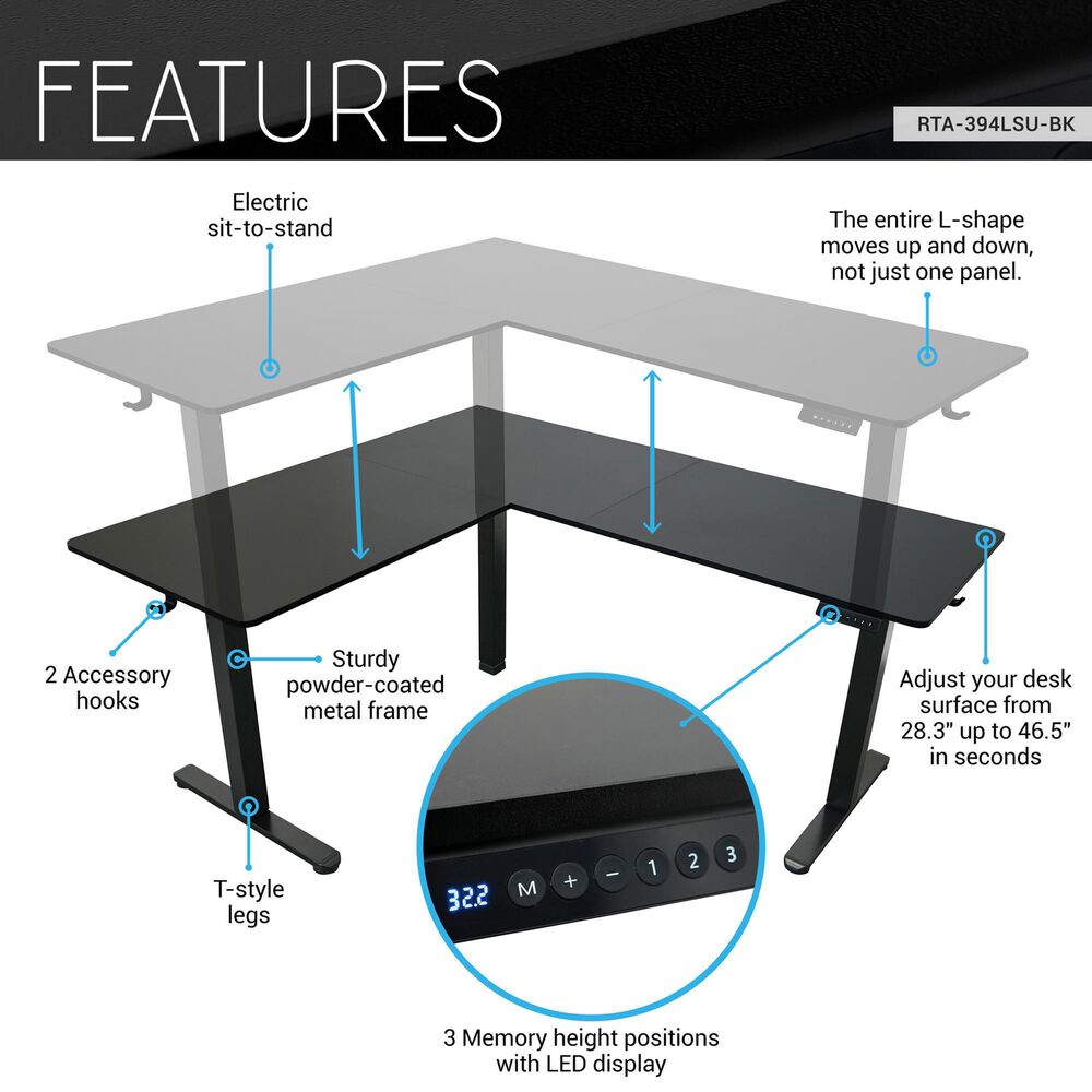 Rta Products Llc Polaris L-Shaped Electric Standing Desk with Spacious Desktop in Black, , large
