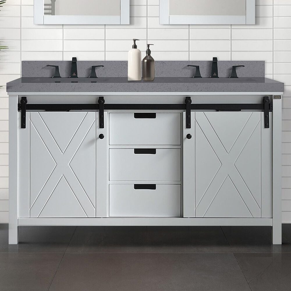 Lexora Home Marsyas 60&quot; Double Bathroom Vanity in White with Grey Quartz Top and Rectangular Sinks, , large
