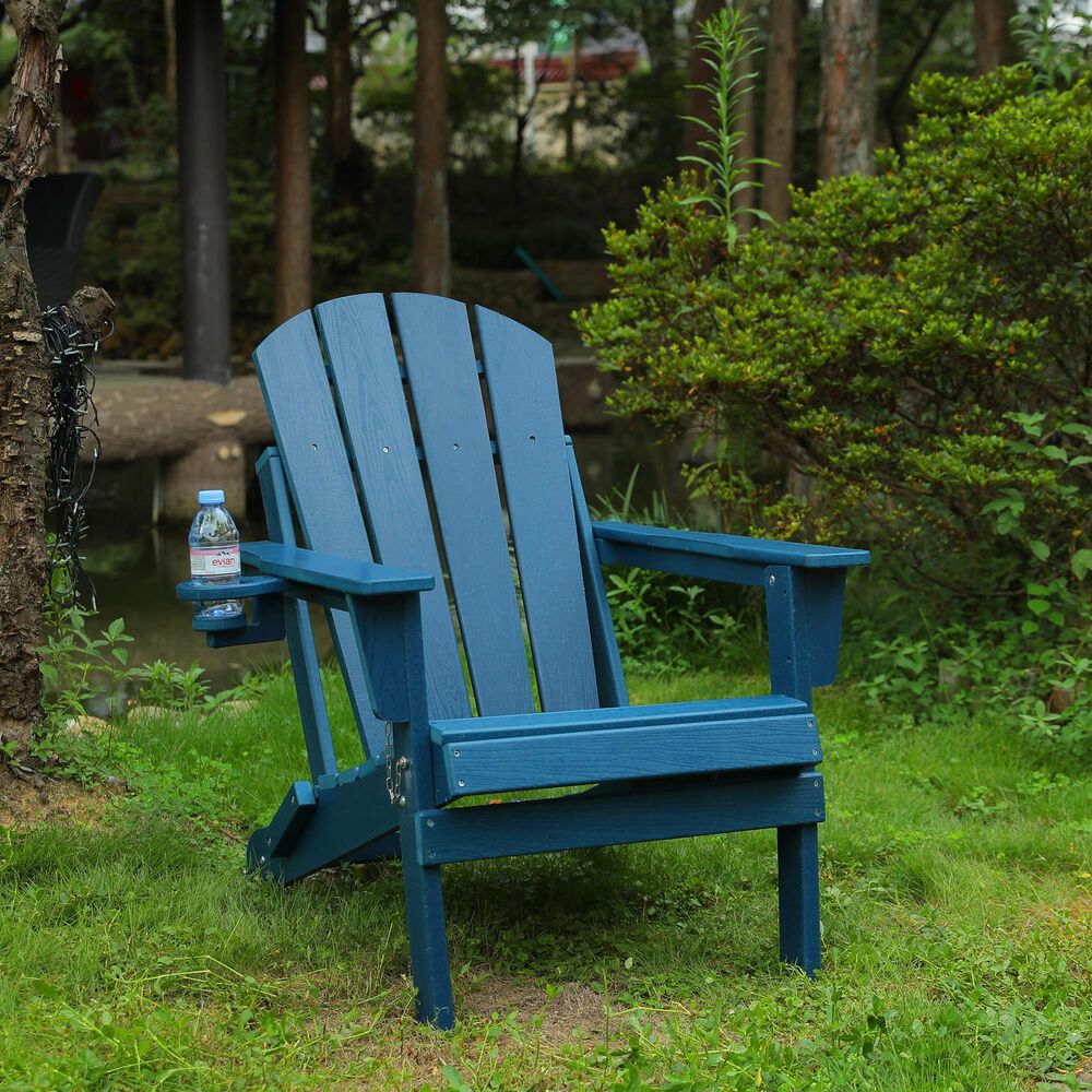 Hearth and Haven 34" Outdoor Folding Adirondack Chair with Cup Holder in Navy Blue, , large