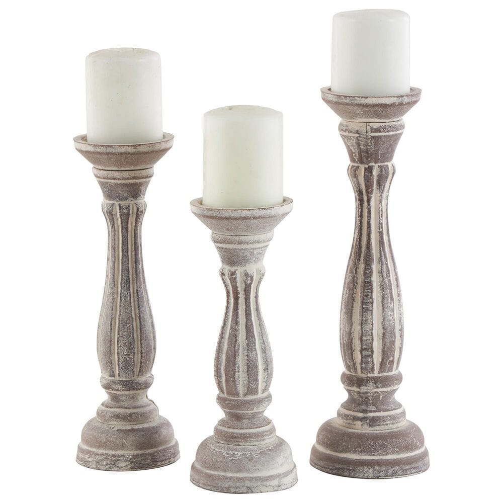 Maple and Jade Turned Pillar Decorative Candle Holder in Washed Brown &#40;Set of 3&#41;, , large