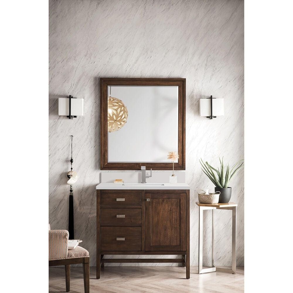James Martin Vanities Addison 36&quot; Single Bathroom Vanity in Mid-Century Acacia with Single Hole 3 cm White Zeus Quartz Top and Rectangular Sink, , large