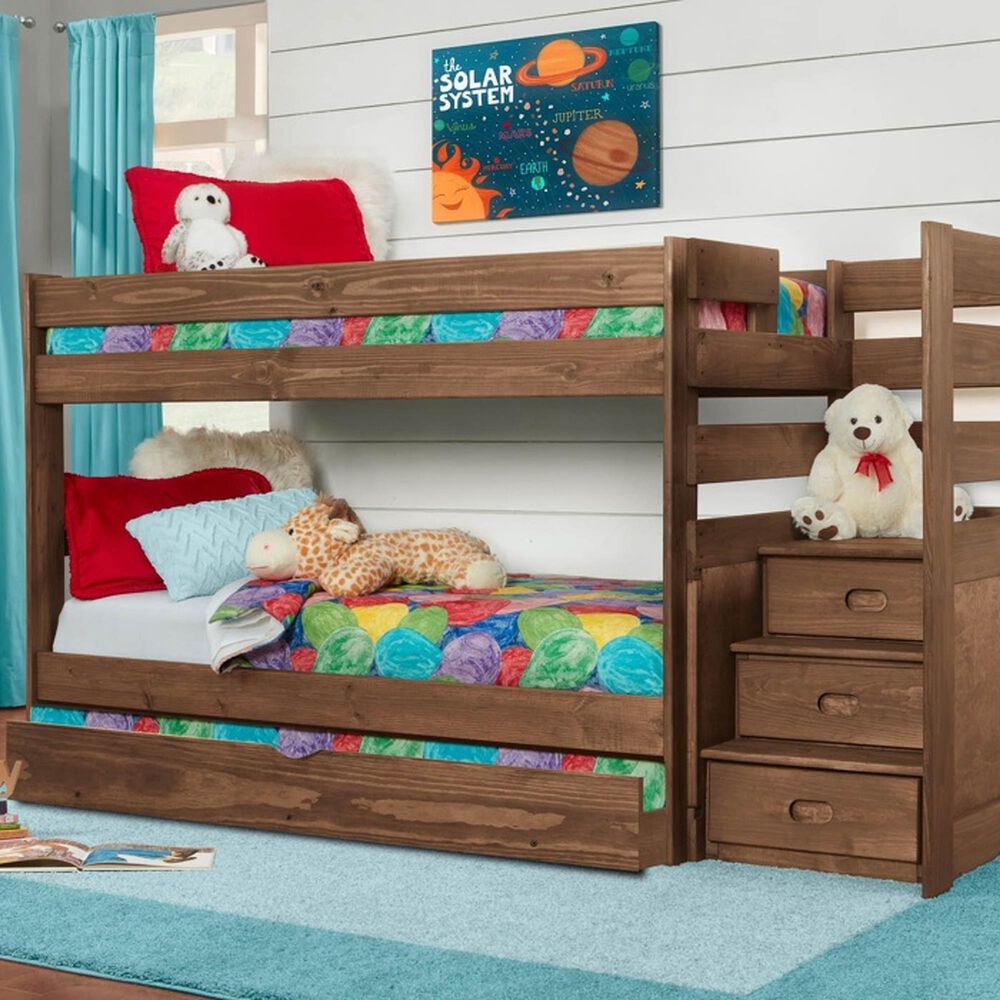 Rusticvale Twin over Twin Step Bunkbed with Trundle in Chestnut, , large