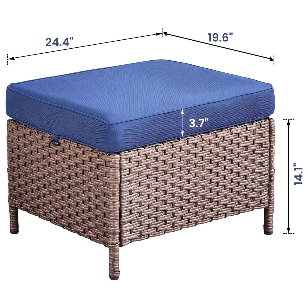 Sunwell Garden 14.1" Ottoman with Navy Cushion and Round Legs in Brown (Set of 2), , large