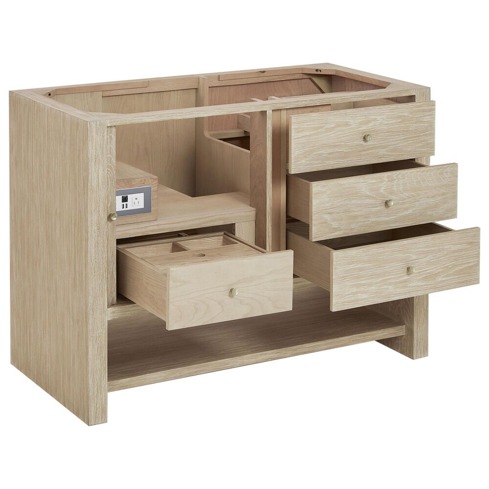 James Martin Marigot 48&quot; Single Bathroom Vanity in Sunwashed Oak with 3 cm Eternal Jasmine Pearl Quartz Top, Rectangular Sink and FreePower Wireless Charger, , large