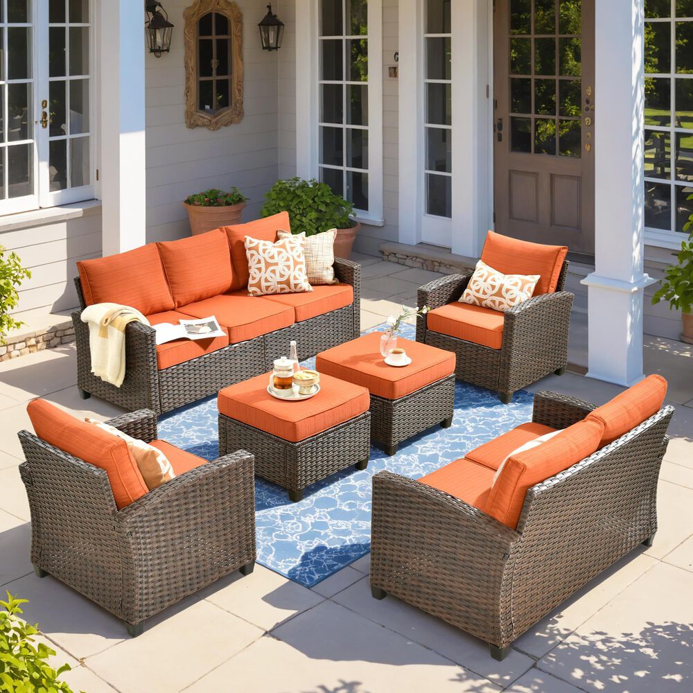 HOMLUX 6-Piece Patio Conversation Set with Loveseat and Light Brown Wicker in Orange Red, , large