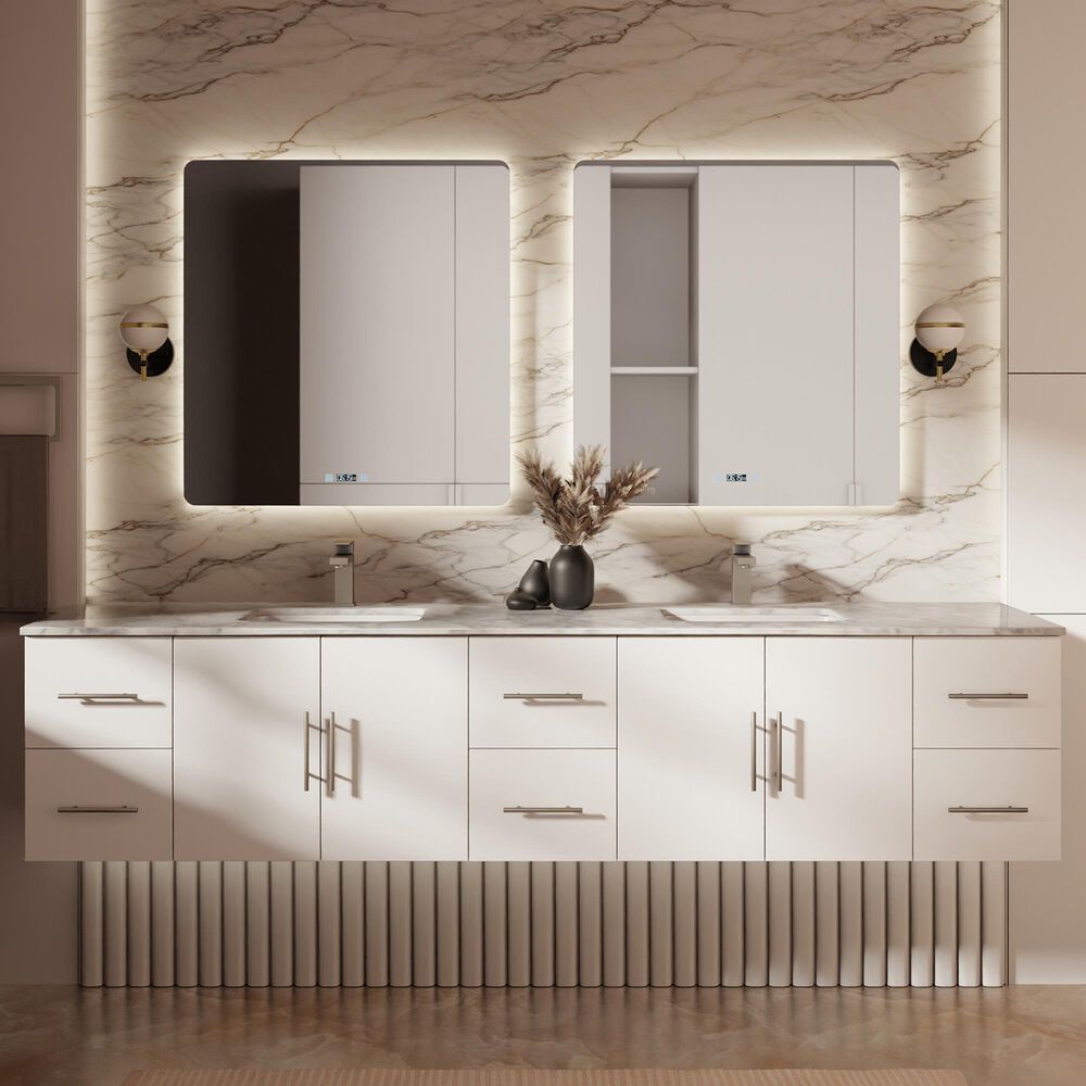 Lexora Home Geneva 84" Double Bathroom Vanity in Glossy White with 2 cm White Carrara Marble Top and Rectangular Sinks, , large