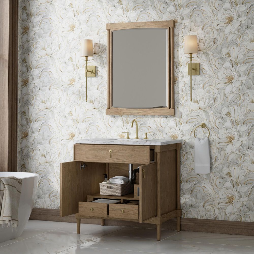 James Martin Kinnsden 36" Single Bathroom Vanity in Weathered Oak with 3 cm Carrara Marble Top and Rectangular Sink, , large