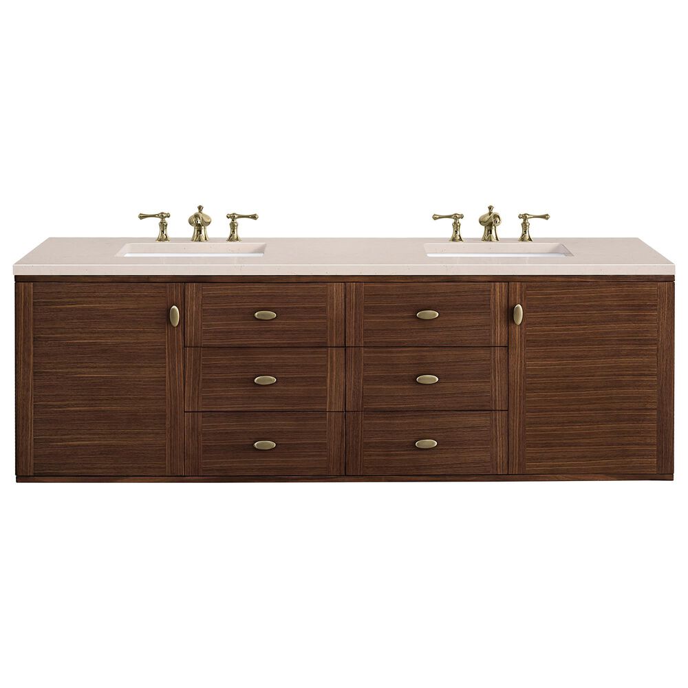James Martin Vanities Amberly 72&quot; Double Bathroom Vanity in Walnut with 3 cm Carrara White Marble Top and Rectangular Sinks, , large