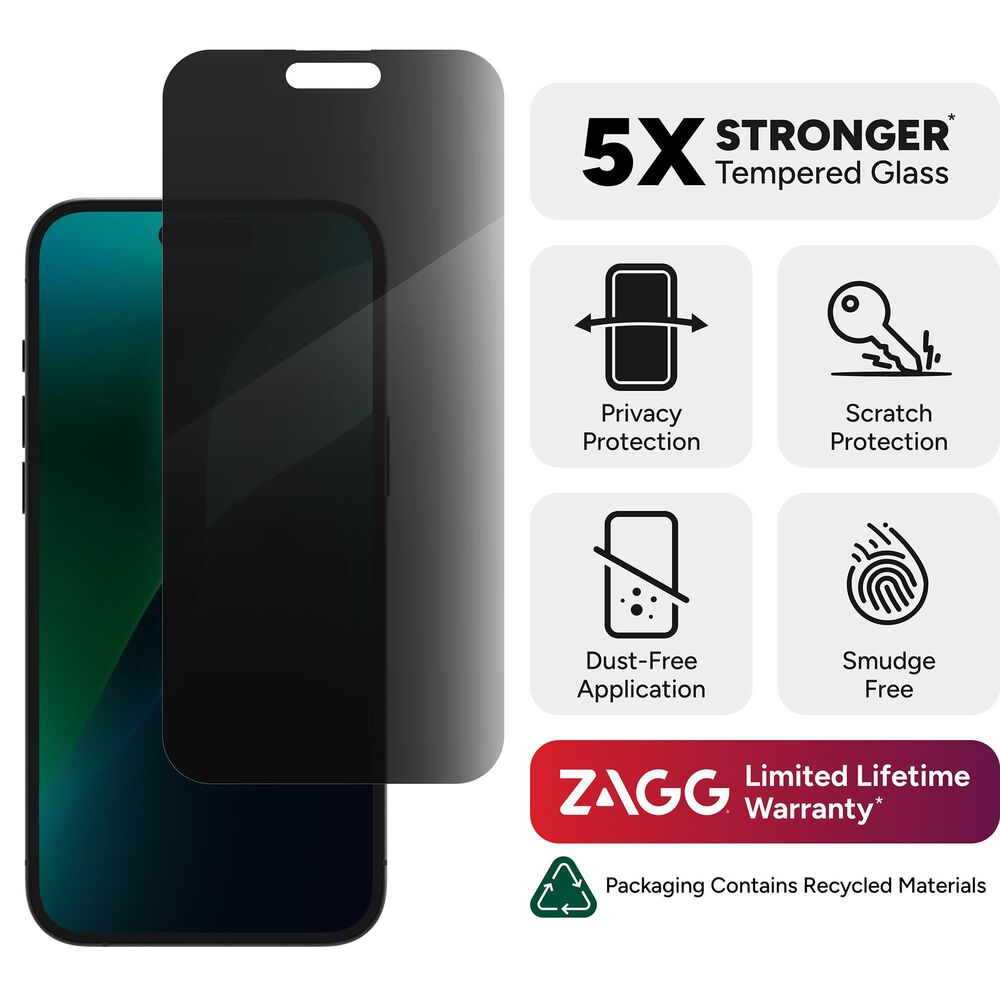 Zagg Invisible Shield Glass Elite Privacy Screen Protector for Apple iPhone 16 Plus/15 Plus in Clear, , large