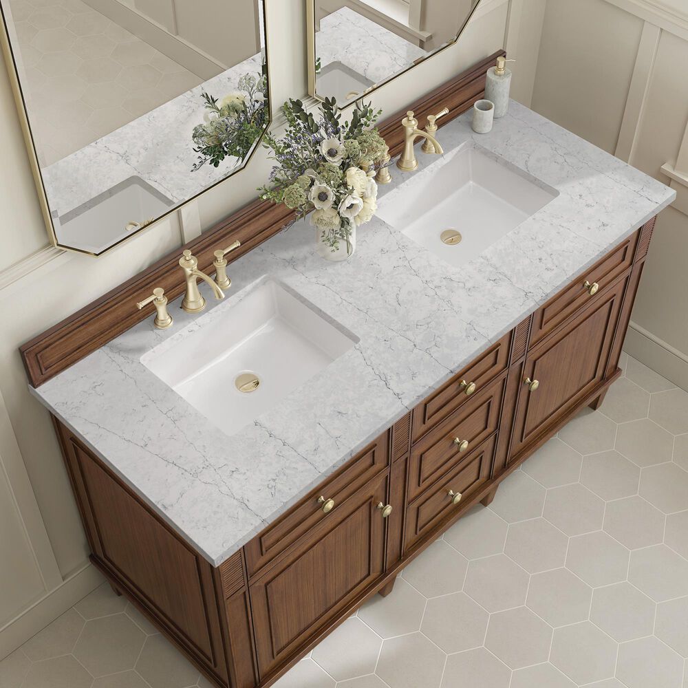 James Martin Vanities Lorelai 60&quot; Double Vanity in Mid-Century Walnut with 3 cm Eternal Jasmine Pearl Quartz Top, , large