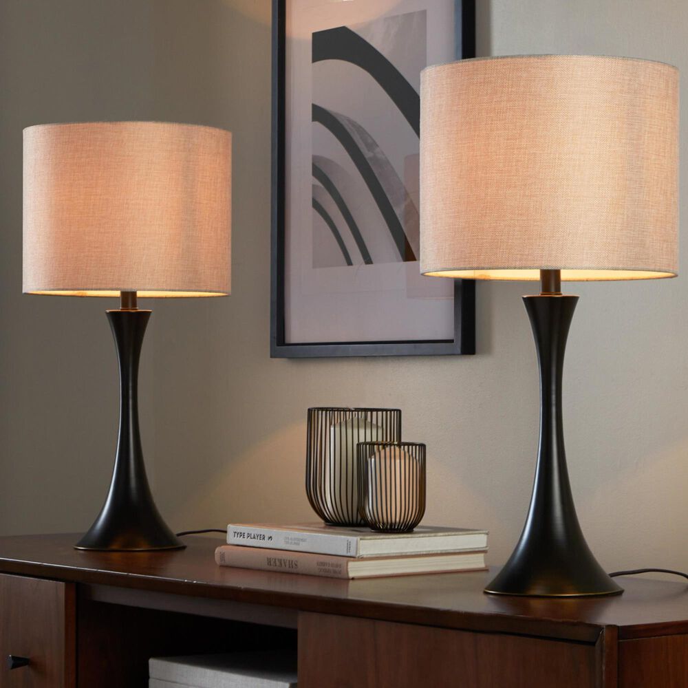 LumiSource Lenuxe 24" Metal Table Lamp with Natural Linen Shade in Oil Rubbed Bronze (Set of 2), , large