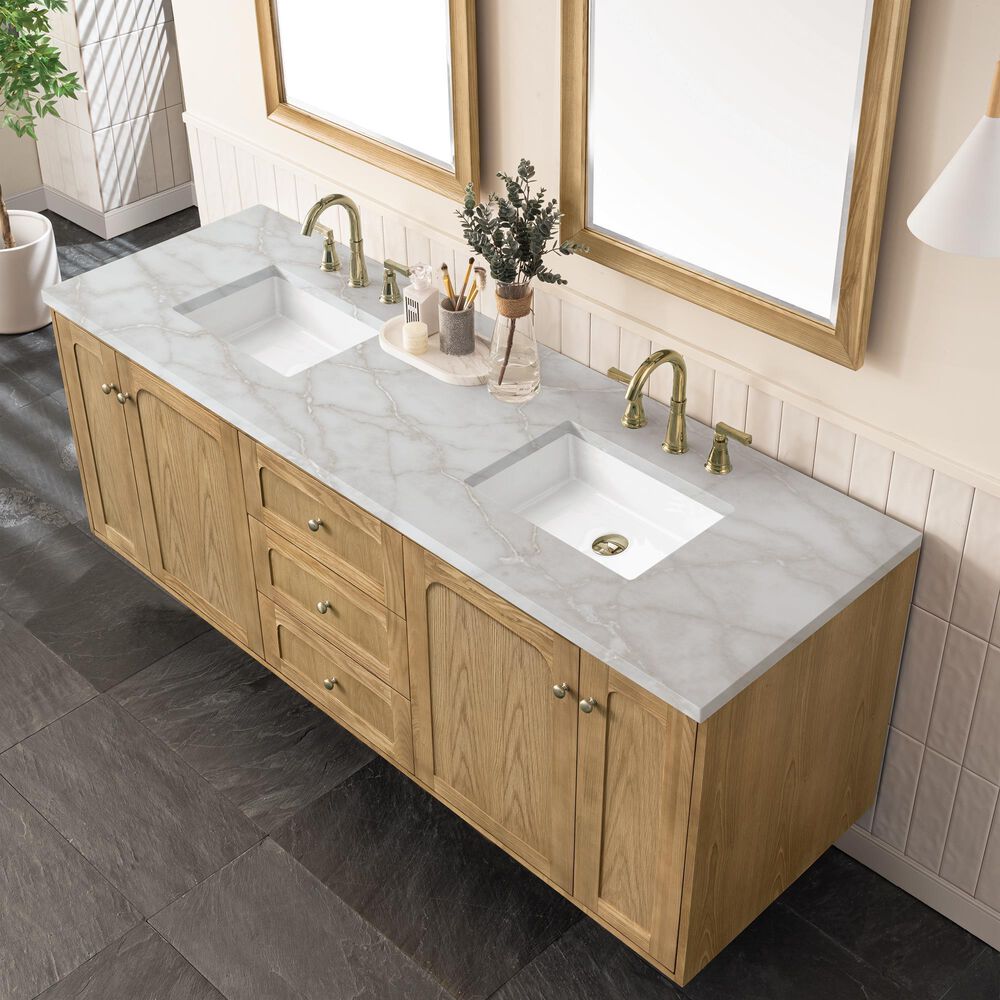 James Martin Vanities Laurent 72" Double Bathroom Vanity in Light Natural Oak with 3 cm Eternal Jasmine Pearl Silestone Top, Rectangular Sinks and FreePower Wireless Charger, , large