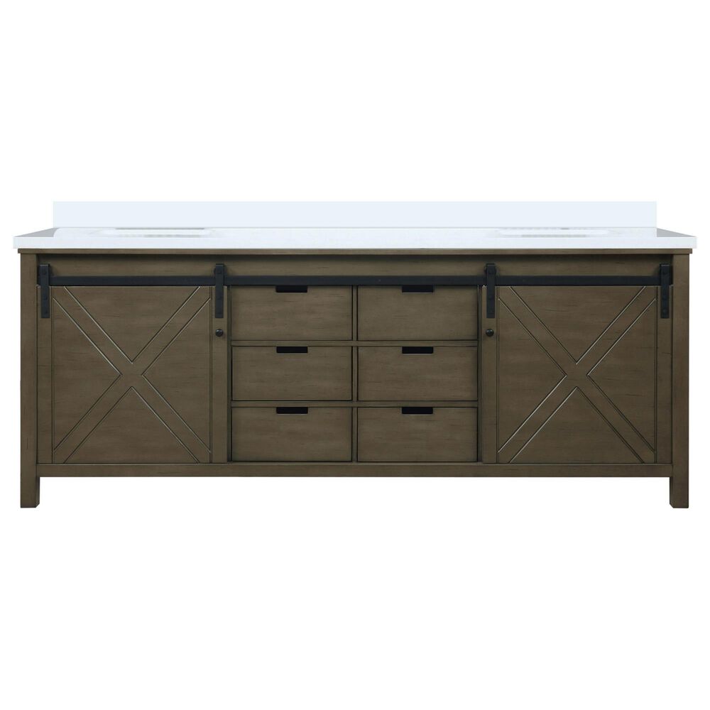 Lexora Home Marsyas 84&quot; Double Bathroom Vanity in Rustic Brown with 2 cm White Cultured Marble Top and Rectangular Sinks, , large